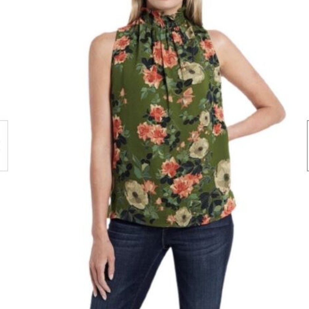 NWT Vince Camuto Floral Sleeveless Smocked Mock-Neck Blouse, size S